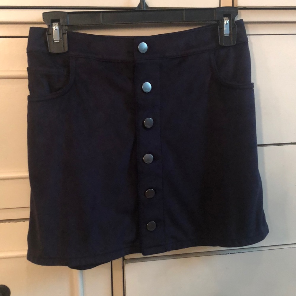 Navy button up suede skirt.